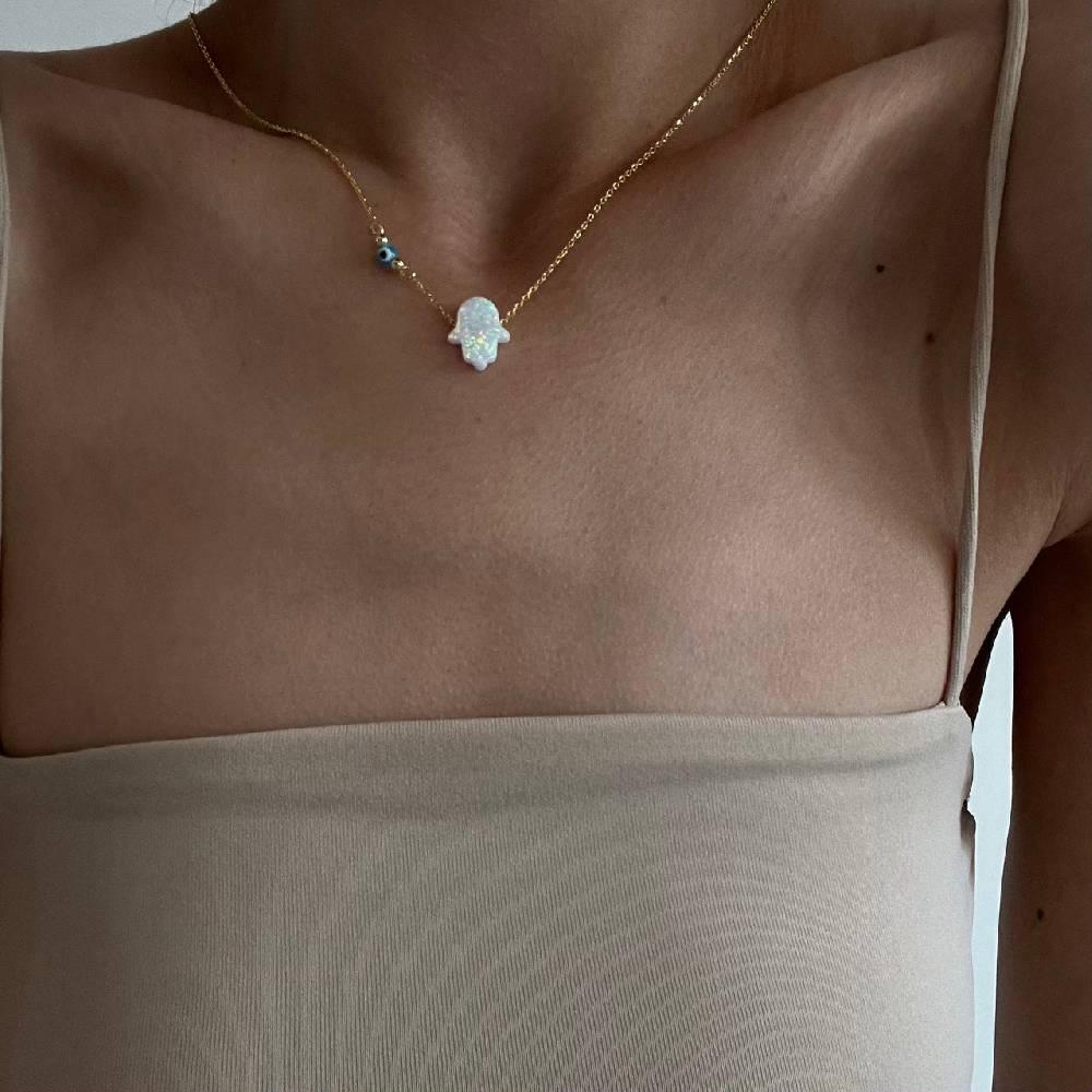 Kardelen Fatimas Hand Opal kette mit Nazar White - 925 SILBER Zeitbegrenzte Promotion