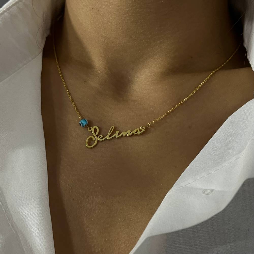 Kardelen Signatur Kette - Waagerecht mit Blaue Nazar Auge - 925 SILBER Sonderangebot der Fabrik