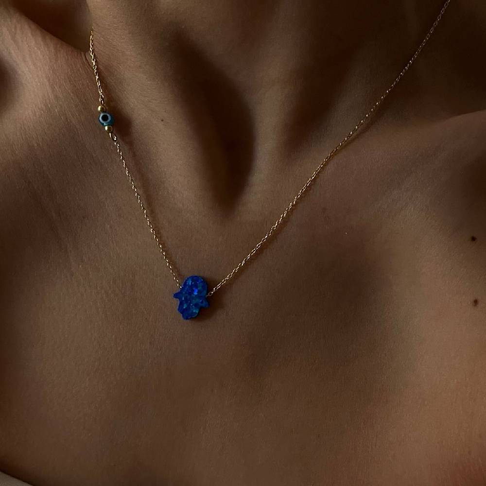 Kardelen Fatimas Hand Opal Kette mit Nazar Augenkette Dunkelblau - 925 SILBER Limitierter Zeitrabatt
