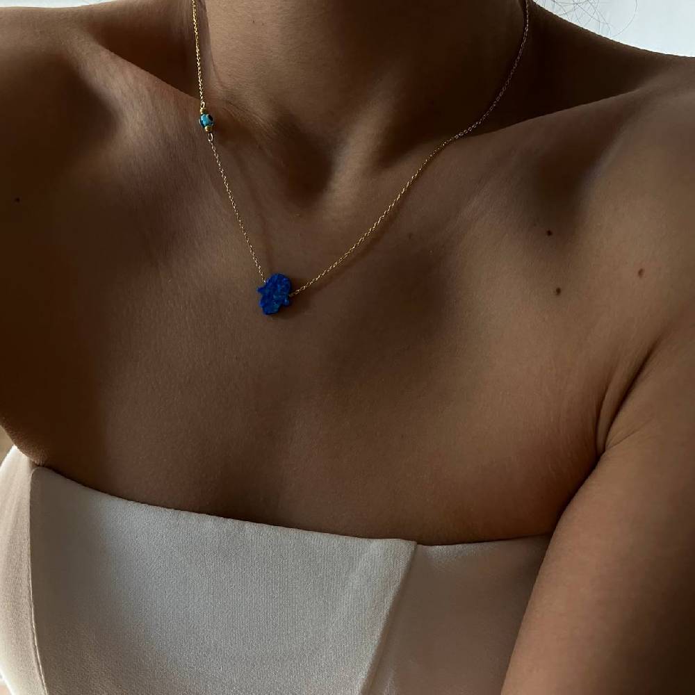 Kardelen Fatimas Hand Opal Kette mit Nazar Augenkette Dunkelblau - 925 SILBER Limitierter Zeitrabatt