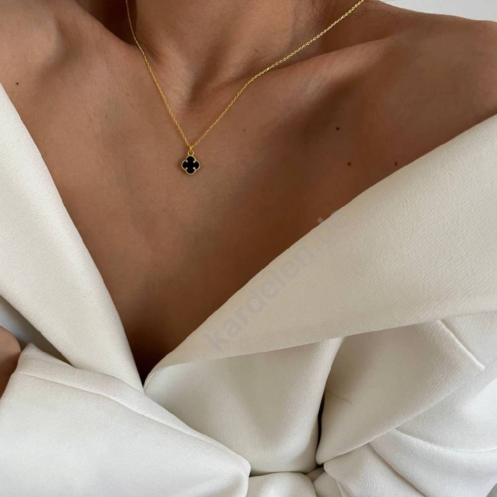 Kardelen 14K GOLD KLEE SCHWARZE HALSKETTE Discount Store für neue Produkte