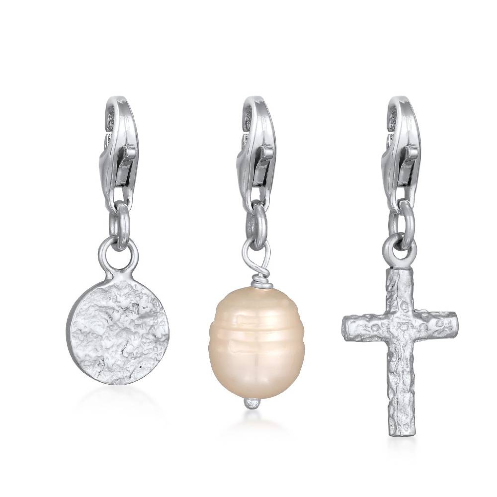Kuzzoi Charm-Set Kreuz Plättchen Perle | Süßwasserzuchtperle Valentinstagsangebot