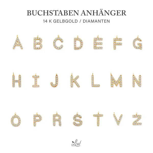 Leaf Jewelry Glücksarmband mit Letter Charm, 14 K Gelbgold mit Diamanten Verkauf