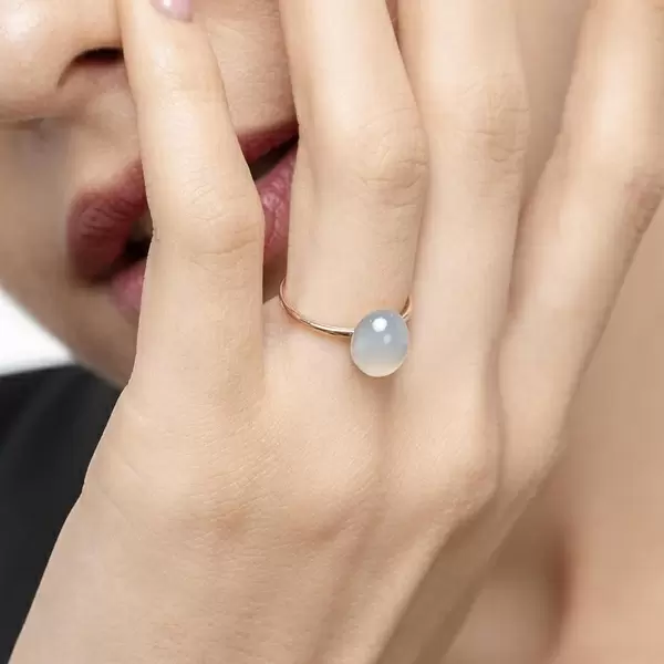 Leaf Jewelry Ring Cabochon II, 14 K Rosegold, Sea Blue Chalzedon Heißer Verkauf