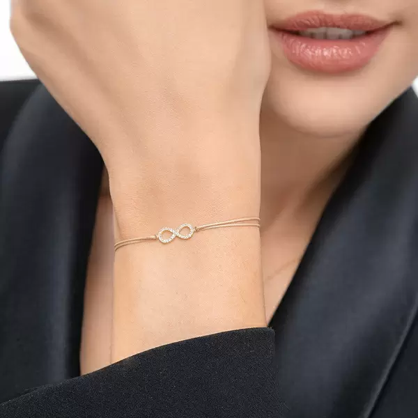 Leaf Jewelry Glücksbändchen Infinity mit Diamanten, 18 K Weißgold, Beige Zeitlich begrenztes Angebot