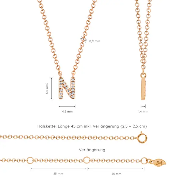Leaf Jewelry Halskette Letter "N", 14 K Rosegold mit Diamanten Clearance-Verkauf