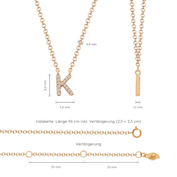 Leaf Jewelry Halskette Letter "K", 14 K Rosegold mit Diamanten Meist gekauft