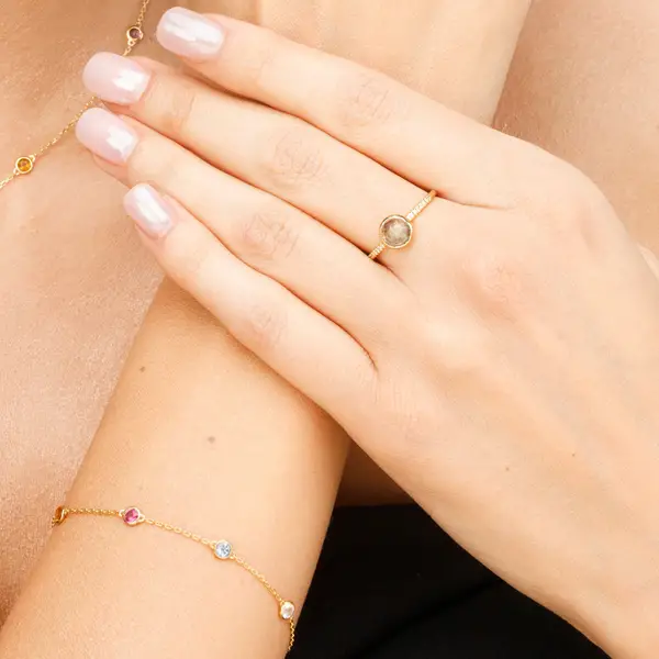 Leaf Jewelry Ring Labradorit mit Diamanten, 14K Gelbgold Tiefpreis