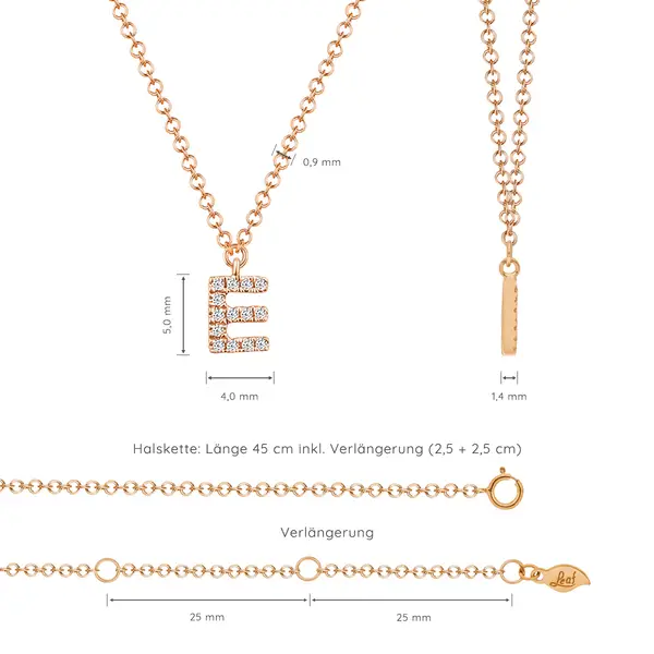 Leaf Jewelry Halskette Letter "E", 14 K Rosegold mit Diamanten Kostenlose Rückgabe