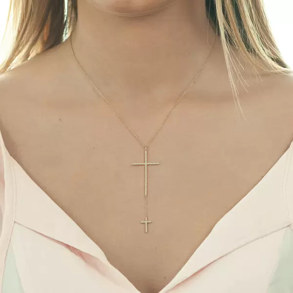 Leaf Jewelry Halskette 2 Kreuze mit Diamanten, 18 K Rosegold Neuheiten