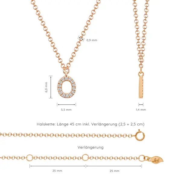 Leaf Jewelry Halskette Letter "O", 14 K Rosegold mit Diamanten Im Verkauf