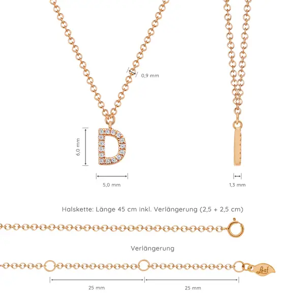 Leaf Jewelry Halskette Letter "D", 14 K Rosegold mit Diamanten Rabatt