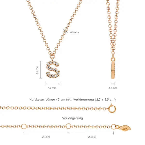 Leaf Jewelry Halskette Letter "S", 14 K Rosegold mit Diamanten Heißer Verkauf