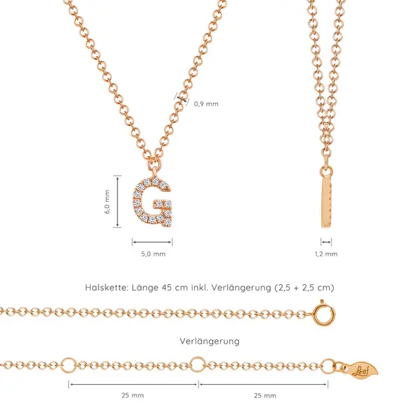 Leaf Jewelry Halskette Letter "G", 14 K Rosegold mit Diamanten Letzte 2 Tage