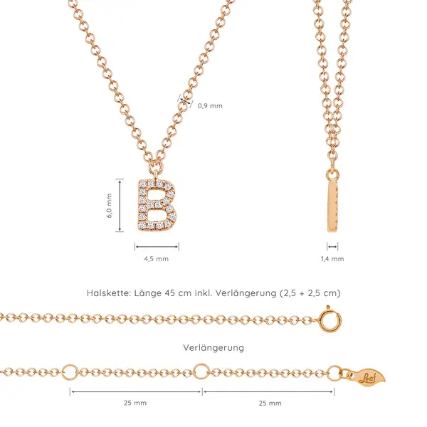Leaf Jewelry Halskette Letter "B", 14 K Rosegold mit Diamanten zollfrei