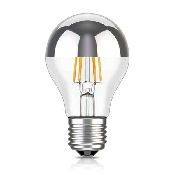 E27 LED Leuchtmittel, A60, warmweiß (2700 K), 4,1 W, 461lm, Kopfspiegel (silber)