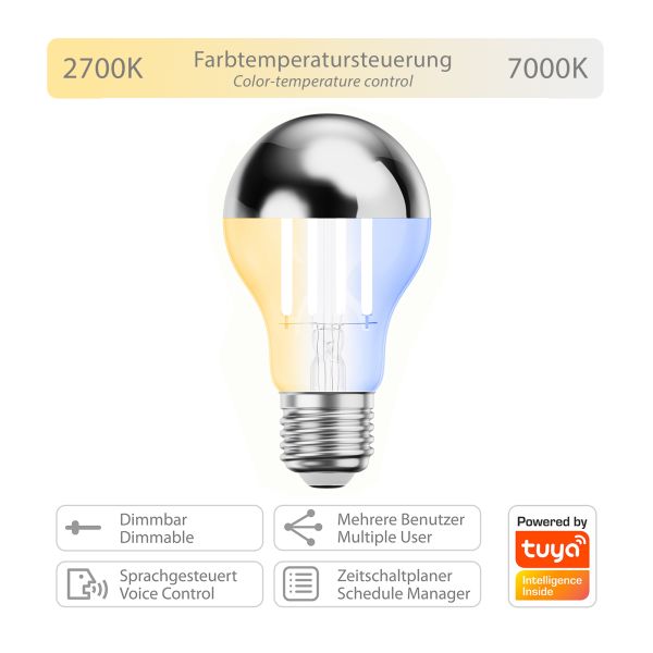 E27 LED Leuchtmittel, A60, warmweiß - kaltweiß (2700 - 7000 K), 4,8 W, 486lm, Smart Home, WLAN, Alexa, Kopfspiegel (silber) Riesige Rabatte