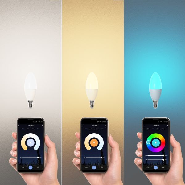 E14 LED RGB Leuchtmittel, Kerze, warmweiß - kaltweiß (2900 - 6400 K), 5,1 W, 572lm, Smart Home, WLAN, Alexa, matt Angebote