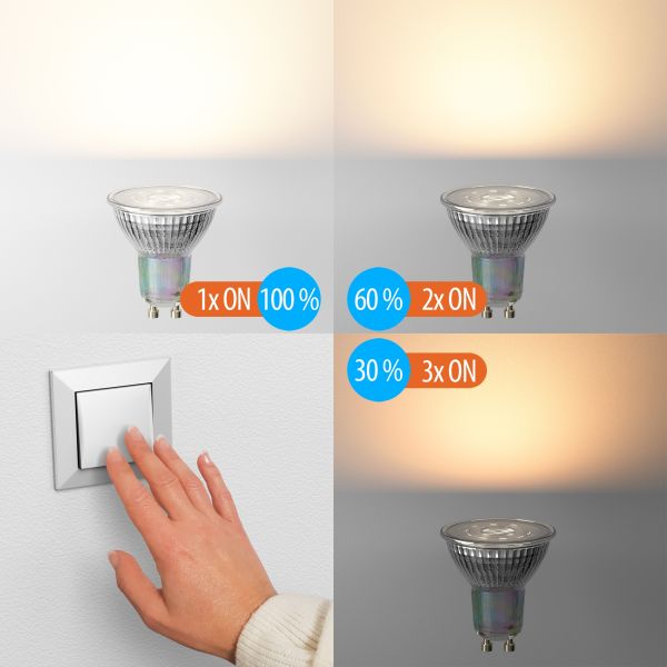 GU10 LED Leuchtmittel, PAR16, warmweiß (2800 K), 6,3 W, 374lm, 70°, 3-Stufen-Dimmer, Reflektorspiegel (silber) Blitzverkäufe