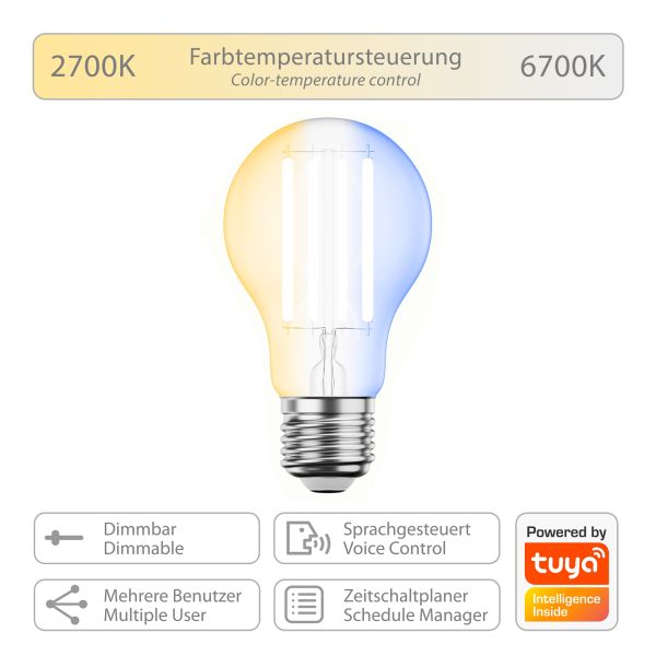 E27 LED Leuchtmittel, A60, warmweiß - kaltweiß (2700 - 6700 K), 7 W, 1005lm, Smart Home, WLAN, Alexa Günstig kaufen