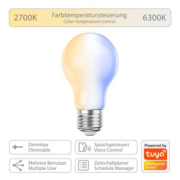 E27 LED Leuchtmittel, A60, warmweiß - kaltweiß (2700 - 6300 K), 6,7 W, 918lm, Smart Home, WLAN, Alexa, Milchglas Großer Ausverkauf