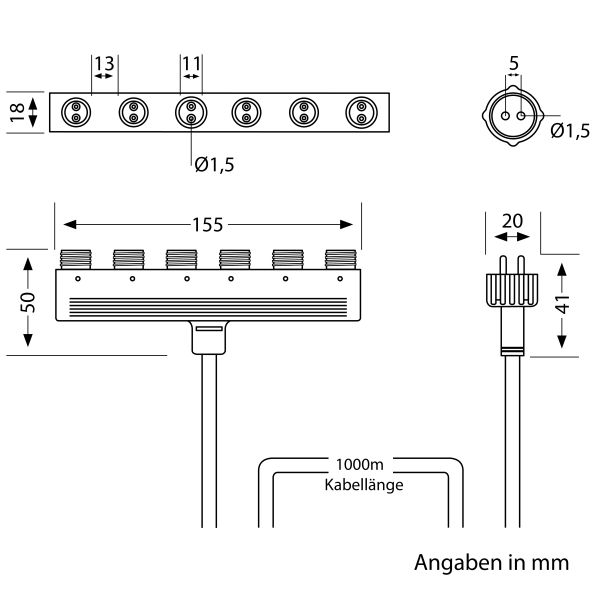 6-fach Verteiler für Stecksystem NEMO (IP44), 1m, schwarz Nur für heute