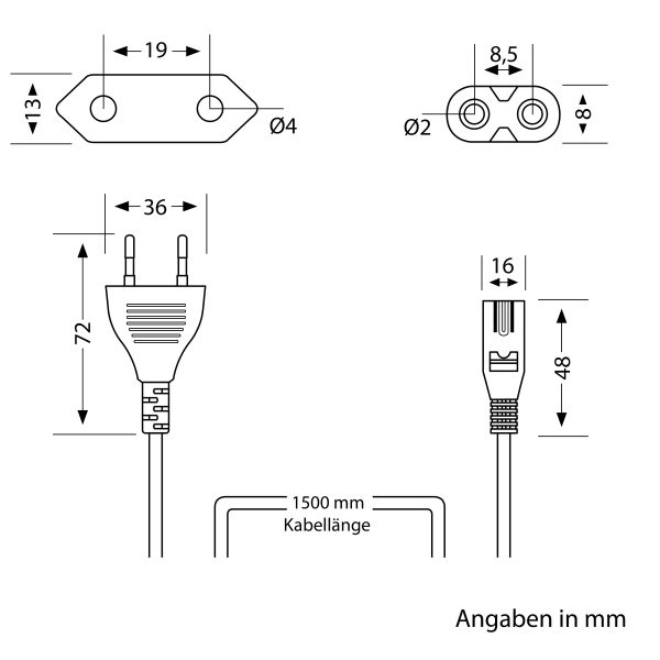 Anschlusskabel von Eurostecker Typ C auf Stecksystem Gerätestecker C7/C8, 1,5m, weiß Sonderangebot der Fabrik