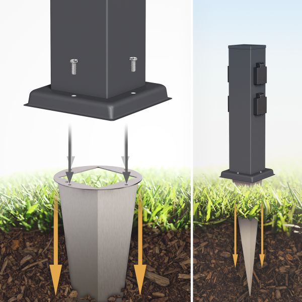 Garten-Steckdosen-Säule Polly mit Erdspieß für außen, 4-Fach, Edelstahl, eckig, 38cm (Farbe, Mit Kabel wählbar) Rabatte dieses Monats
