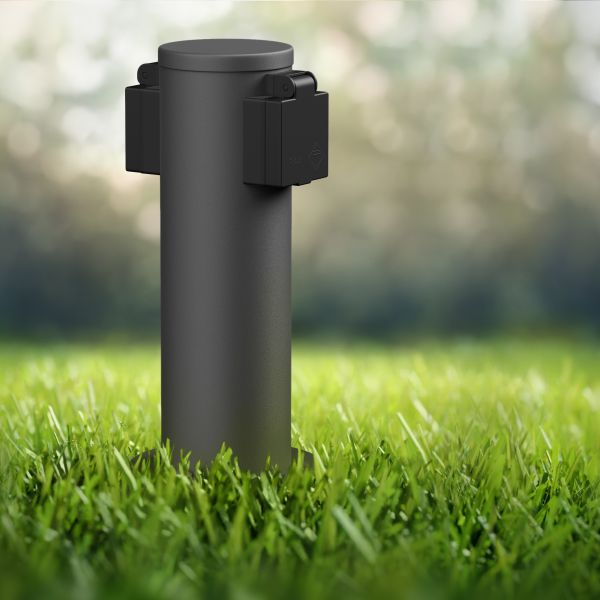 Garten-Steckdosen-Säule PORU mit Erdspieß für außen, 2-Fach, Edelstahl, rund, 27cm (Farbe, Mit Kabel wählbar) Fabrik Onlineshop
