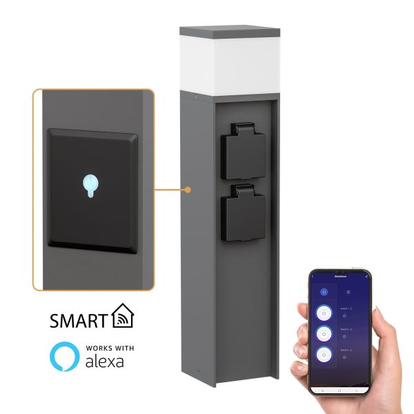 Pollerleuchte POMI für außen, Smart Home, 2 Steckdosen (Farbe, Leuchtmittel wählbar) (Farbe, Leuchtmittel wählbar)