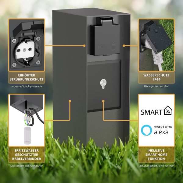 Garten-Steckdosen-Säule POMI für außen, IP44, Smart Home, WLAN, Alexa, 3-fach, edelstahl, eckig, 23cm (Farbe wählbar) Großer Ausverkauf
