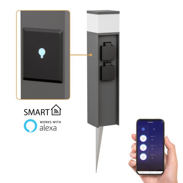 Pollerleuchte POMI mit Erdspieß für außen, Smart Home, 2 Steckdosen (Mit Kabel, Farbe, Leuchtmittel wählbar) (Farbe, Mit Kabel, Leuchtmittel wählbar)