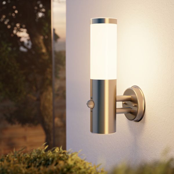 Wandleuchte PORU für außen, Edelstahl, rund, Bewegungsmelder + LED Lampe (Farbe, Leuchtmittel wählbar) Kostenloser Versand international