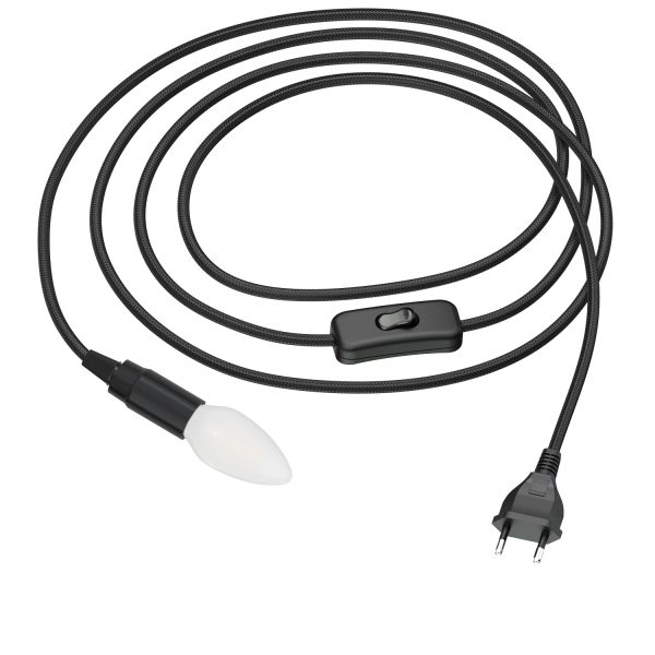 3m Textilkabel LEHA mit Stecker, Schalter, schwarz (Leuchtmittel wählbar)