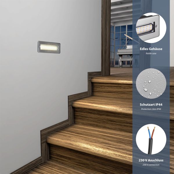 LED Treppenlicht/Wandeinbauleuchte für innen und außen, eckig, edelstahl, 198 x 61mm, 2,2 W, 248lm, warmweiß Riesige Rabatte