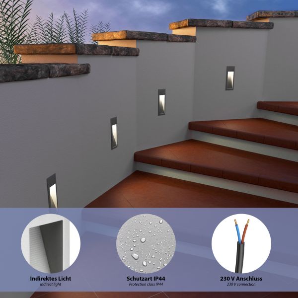 LED Treppenlicht/Wandeinbauleuchte für innen und außen, Downlight, eckig, grau, 95 x 235mm, warmweiß Fabrikladen
