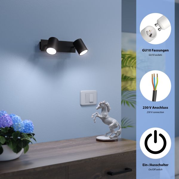 Wandspot WAIKA, zweiflammig, mit Schalter, schwarz matt, inkl. Smart Home RGBW GU10 LED Lampen je 473lm Saisonschlussverkauf