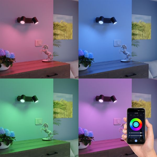 Wandspot WAIKA, zweiflammig, mit Schalter, schwarz matt, inkl. Smart Home RGBW GU10 LED Lampen je 473lm Saisonschlussverkauf