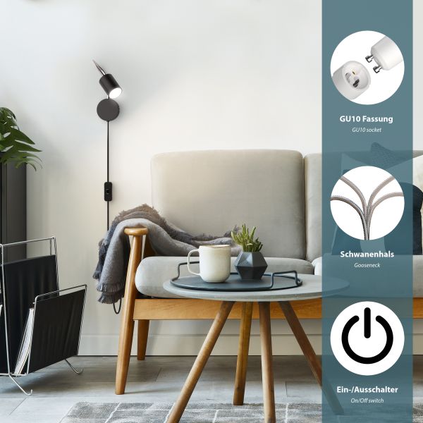 Leselampe WAIKA mit Schwanenhals, Stecker, Schalter schwarz matt, inkl. Smart Home RGBW GU10 LED Lampe, 5,41W, 473lm Black Friday