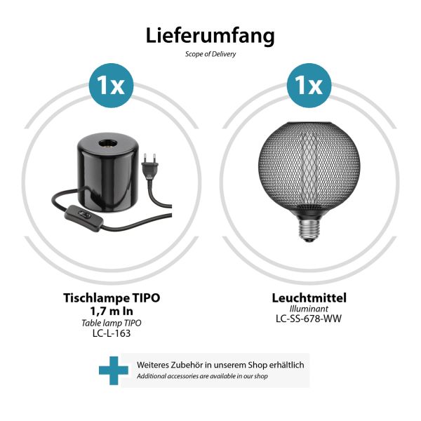 Tischlampe TIPO Porzellan, Stecker, Schalter, schwarz, inkl. E27 LED, G120, extra warmweiß, 4W, 220lm Muttertagsangebot