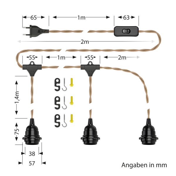 Hanf-Kabel / Textilkabel LEKA, Stecker, Schalter, beige , 8 m, Lampen-Fassung, 3x E27 max. 60W Lagerräumung