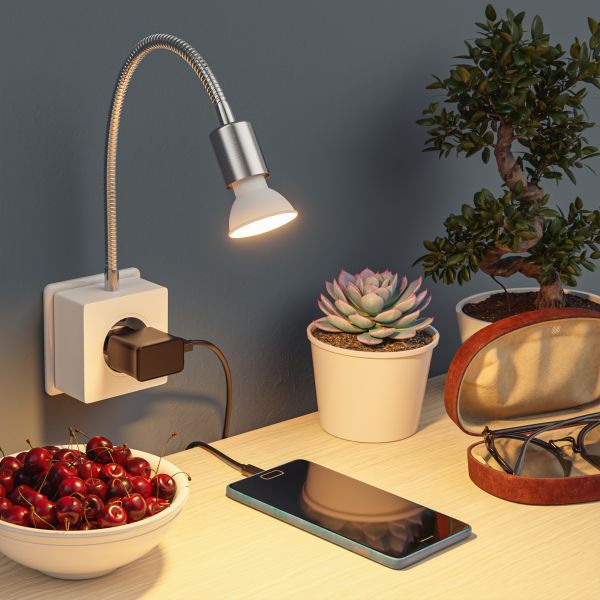 Steckdosenlampe LESCH Leselampe, chrom/weiß inkl. Smart Home GU10 LED Lampe 5,5W, 473lm Top Angebot