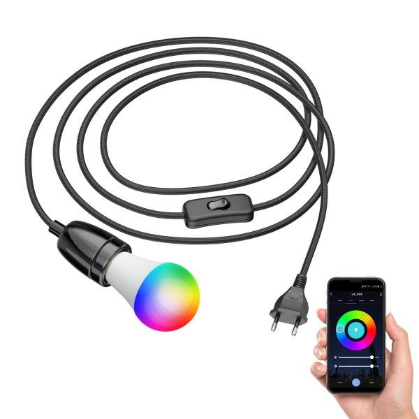 Textilkabel LEHA mit Stecker, Schalter und E27 Fassung, schwarz/weiß, 3m, inkl. Smart Home RGBW LED Lampe, 8,89W, 892lm