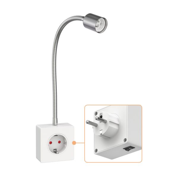 Steckdosenlampe LESCH Leselampe, chrom/weiß, Schwanenhals, Schalter, Steckdose (Leuchtmittel wählbar)
