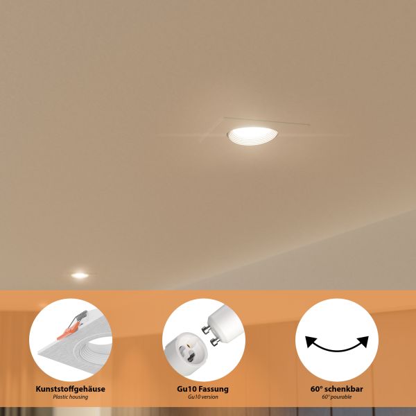 Decken-Einbaustrahler KUN, eckig, schwenkbar + Smart Home RGBW GU10 LED 473lm Rabatte dieses Monats