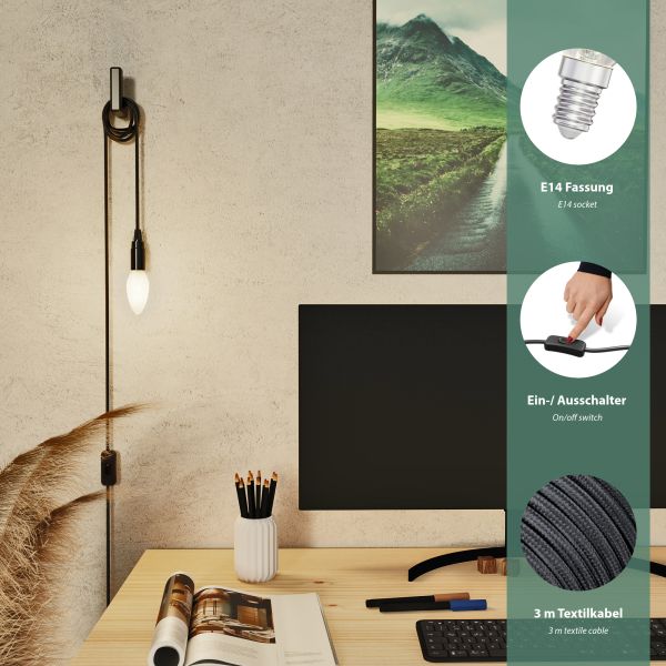 Textilkabel LEHA mit Stecker und Schalter, schwarz, 3m, inkl. Smart Home RGBW E14 LED Lampe, 4,925W, 572lm Rabatt