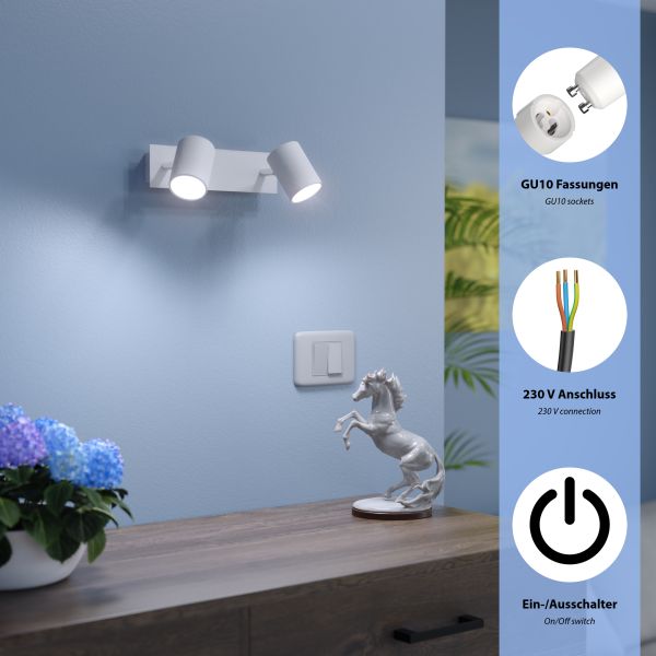 Wandspot WAIKA, zweiflammig, mit Schalter, weiß matt, inkl. Smart Home RGBW GU10 LED Lampen je 473lm Begrenztes Angebot