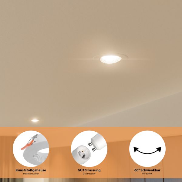 Decken-Einbaustrahler KUN, rund, schwenkbar + Smart Home RGBW GU10 LED Lampe 473lm 50% Rabatt mit kostenlosem Versand