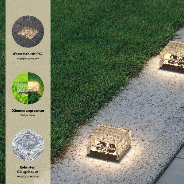 LED Solar-Pflasterstein Bodeneinbauleuchte BROSLO mit Erdspieß für außen, Glas, 10 x 10cm, warmweiß Fabrikpreis