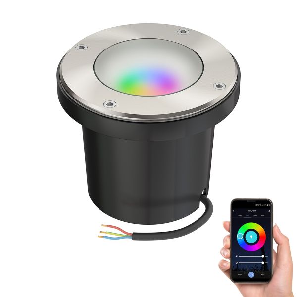 Bodeneinbauleuchte BOFU für außen, IP67, schwenkbar, edelstahl, rund, 150mm Ø; inkl. Smart Home RGBW GU10 LED Lampe 473lm (Farbe wählbar)